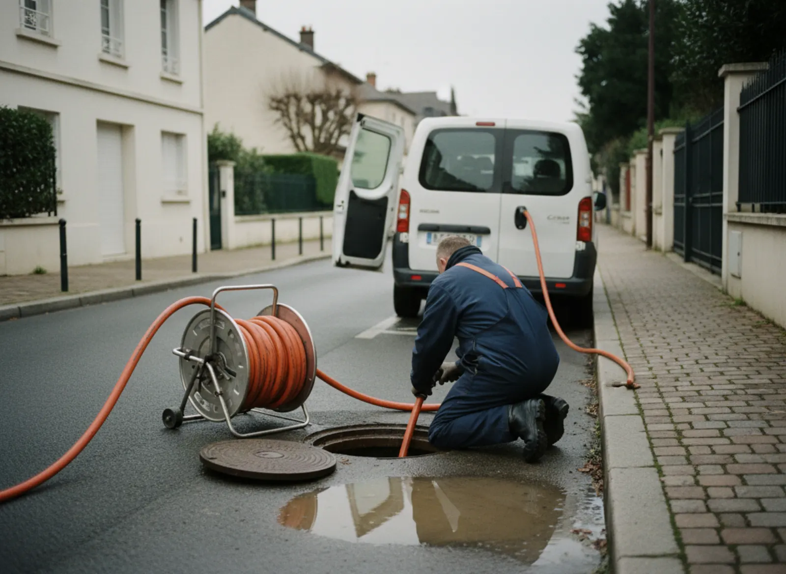 Buse d'hydrocurage haute pression en cours d'insertion dans une canalisation encrassée