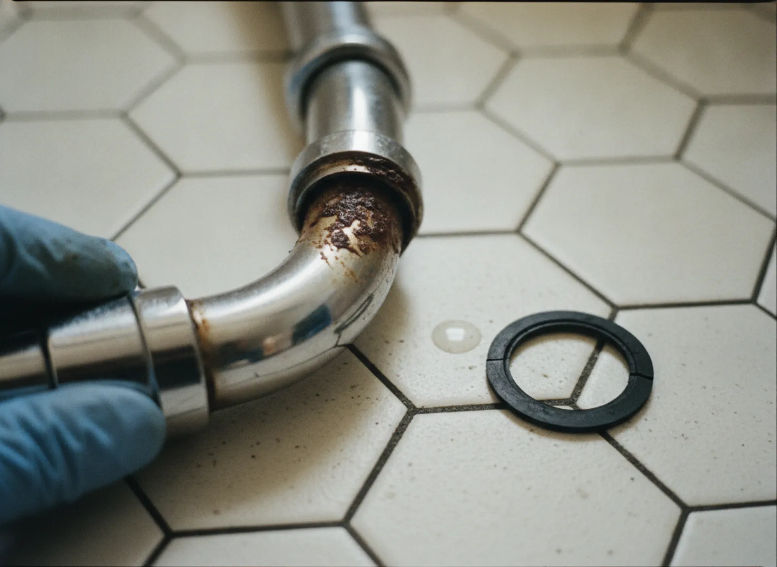 Gros plan d'un siphon d'évier encrassé à nettoyer ou déboucher