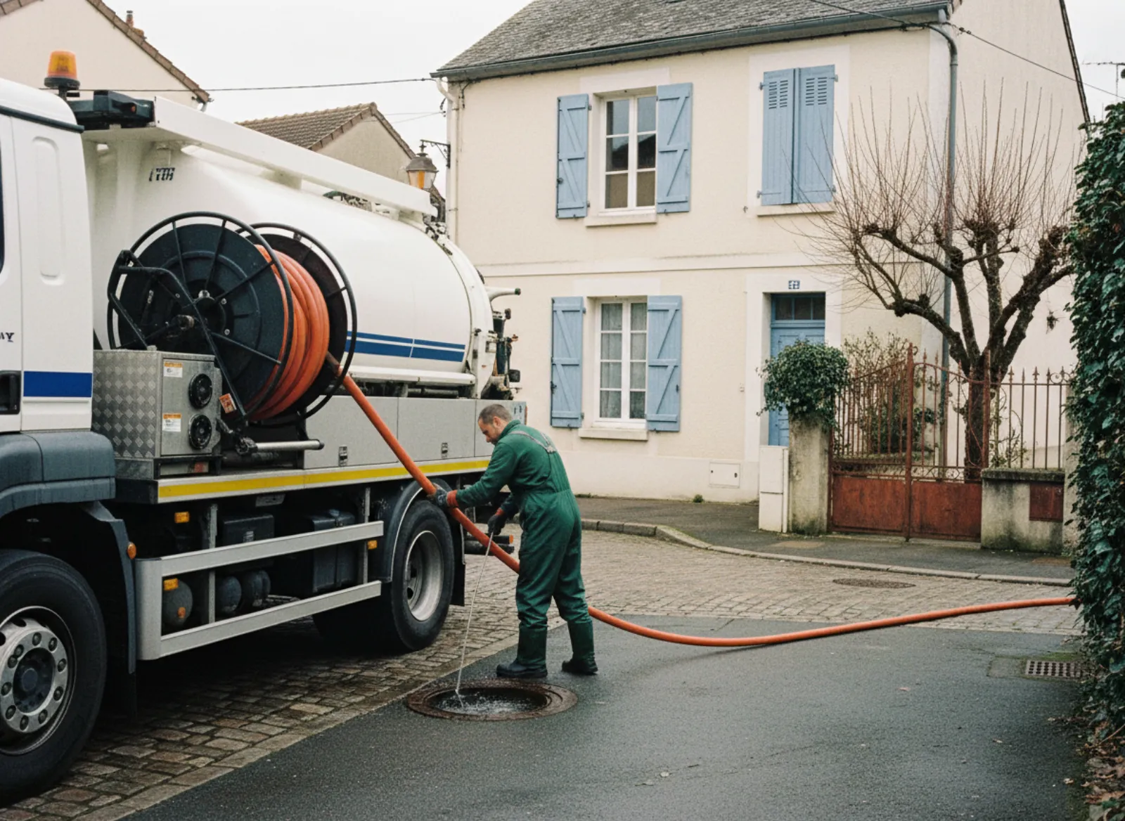 Technicien assainissement qui déroule le flexible d'un camion hydrocureur devant une maison